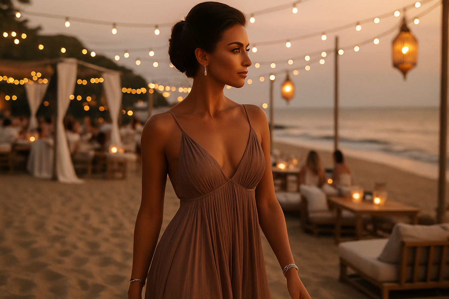 De strandjurk bij de chique beach party-setting met opgestoken haar en zilveren sieraden. Deze foto heeft:
een elegante avond vibe
een stijlvolle, maar feestklare look
een licht glamoureuze uitstraling
én sluit perfect aan op de “queen energy” uit de tekst