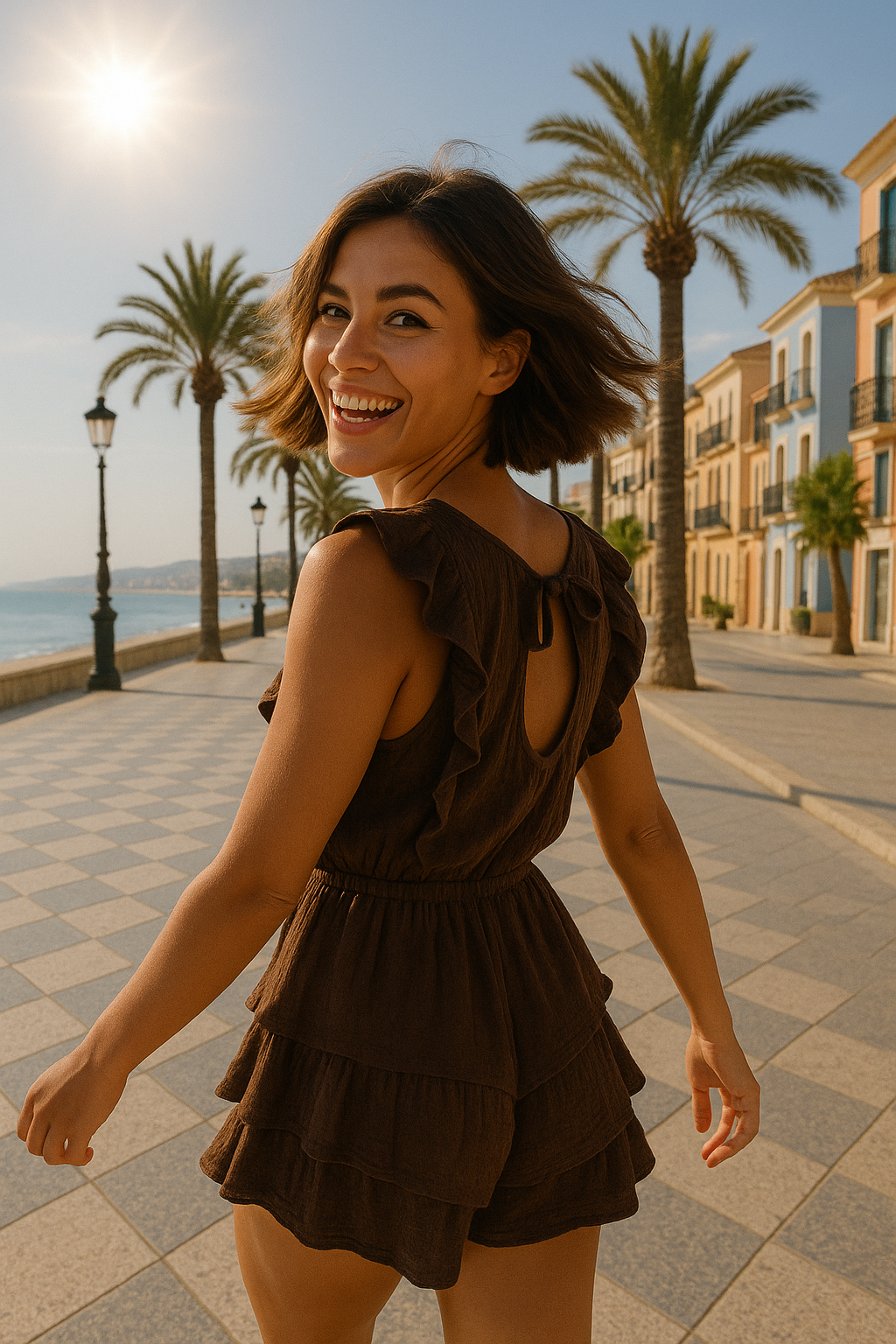 Carmen Ruffle Romper – Chocoladebruin