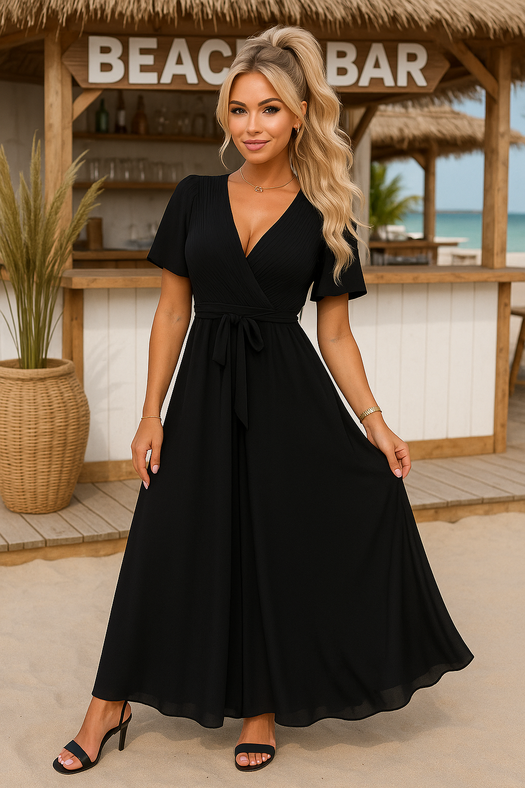 Elegant Black Wrap Maxi Dress – Beach Edition
