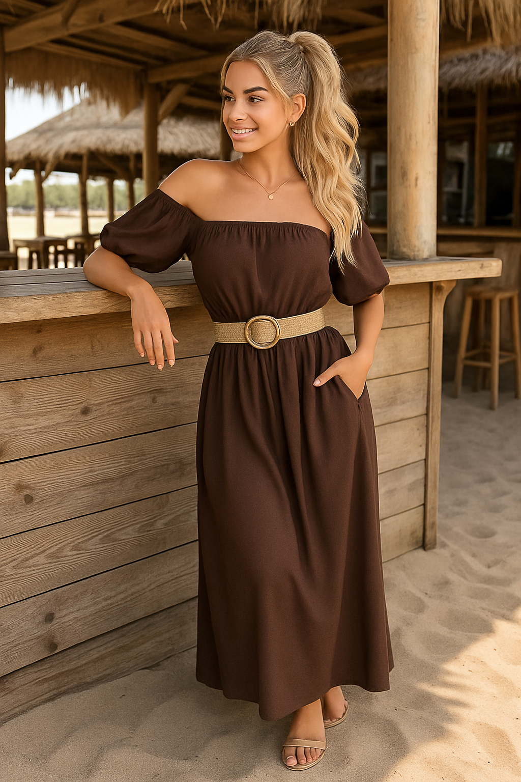 Elegant Off-Shoulder Maxi Jurk – Chocoladebruin