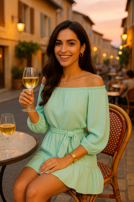 Blush Babe Off-Shoulder Jurk ocean  – Van Boulevard tot Borrel