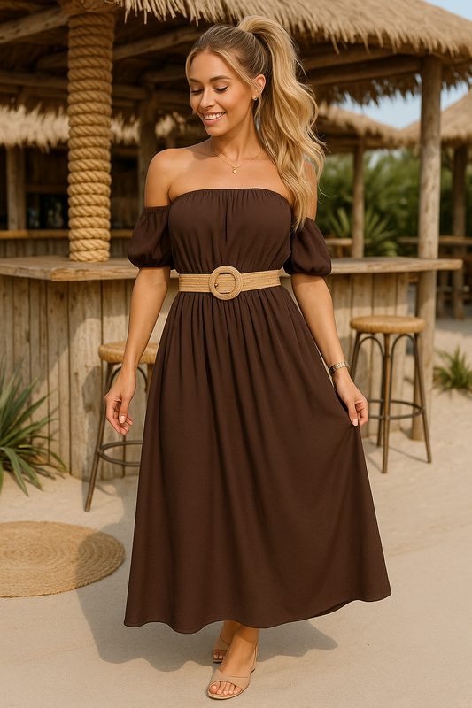 Elegant Off-Shoulder Maxi Jurk – Chocoladebruin