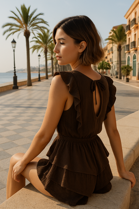 Carmen Ruffle Romper – Chocoladebruin